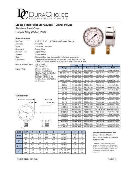 1-1/2" Oil Filled Pressure Gauge for water, oil, and gas (WOG) and diesel - Stainless Steel Case, Brass, 1/8" NPT, Lower Mount Connection