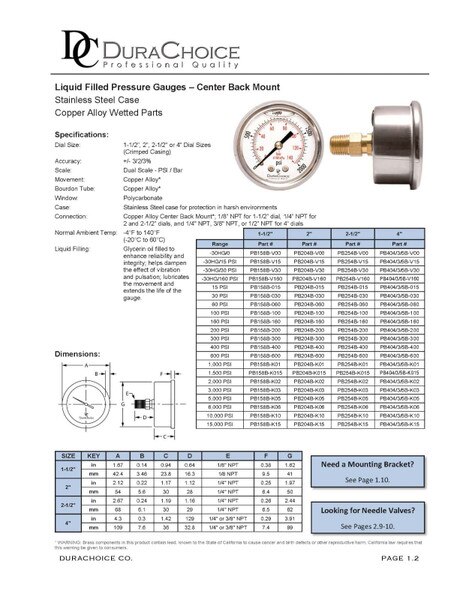 1-1/2" Oil Filled Pressure Gauge - Stainless Steel Case, Brass, 1/8" NPT, Center Back Mount Connection