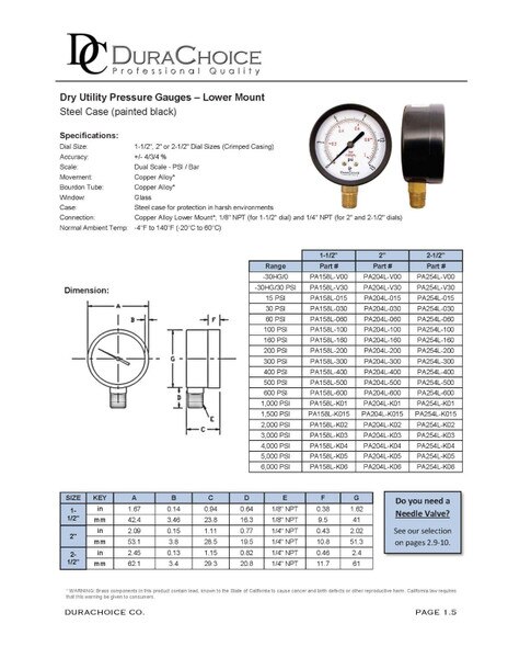 1-1/2" Pressure Gauges, WOG, 1/8" NPT Lower Mount Connection, OEM