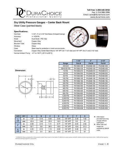 1-1/2" Utility Pressure Gauge for water, oil, and gas (WOG) - Black Steel 1/8" NPT Center Back Mount