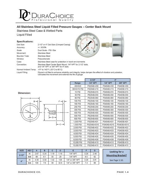 2-1/2" All Stainless Steel Oil Filled Pressure Gauge - 1/4" NPT Center Back Mount