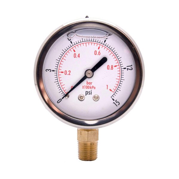 2-1/2" Liquid Filled Pressure Gauges - Stainless Steel Case, Brass, 1/4" NPT, Lower Mount Connection