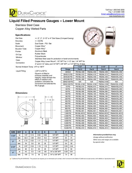 2-1/2" Liquid Filled Pressure Gauges - Stainless Steel Case, Brass, 1/4" NPT, Lower Mount Connection