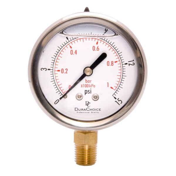 2-1/2" Liquid Filled Pressure Gauges - Stainless Steel Case, Brass, 1/4" NPT, Lower Mount Connection