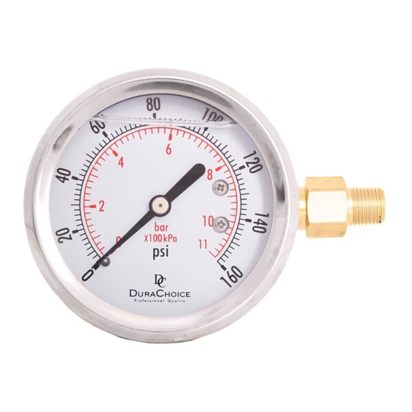 2-1/2" Silicone Oil Filled Pressure Gauge - Stainless Steel Face, Brass, 1/8" NPT Right Side Mount, 0-160PSI