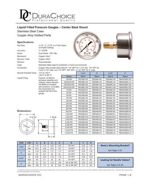2" Liquid Filled Pressure Gauges - Stainless Steel Case, Brass, 1/4" NPT, Center Back Mount Connection