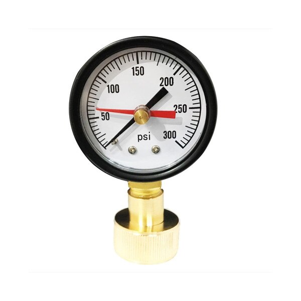 2" Water Test Gauge, water or gas lines, 3/4" NPT Top Connection, Black Steel Case, Brass Internals, 3/4" Thread Swivel Hose Connection.<br>