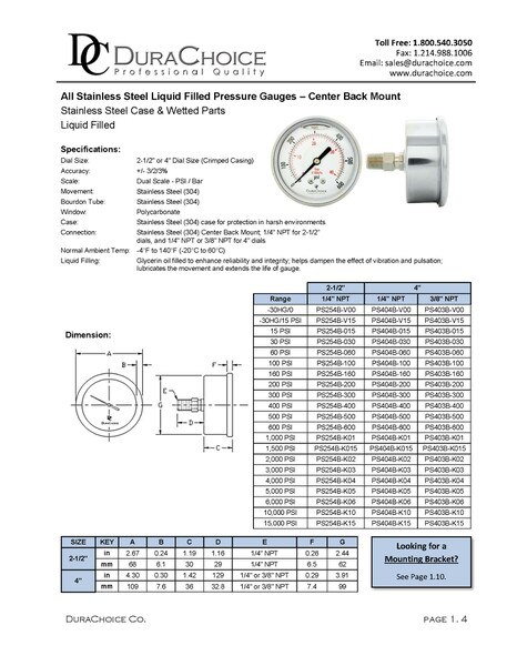 4" All Stainless Steel Oil Filled Pressure Gauge - 1/4" NPT Center Back Mount 15,000PSI