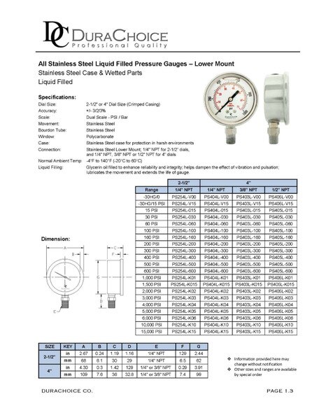 4" All Stainless Steel Oil Filled Pressure Gauge - 1/4" NPT Lower Mount Connection