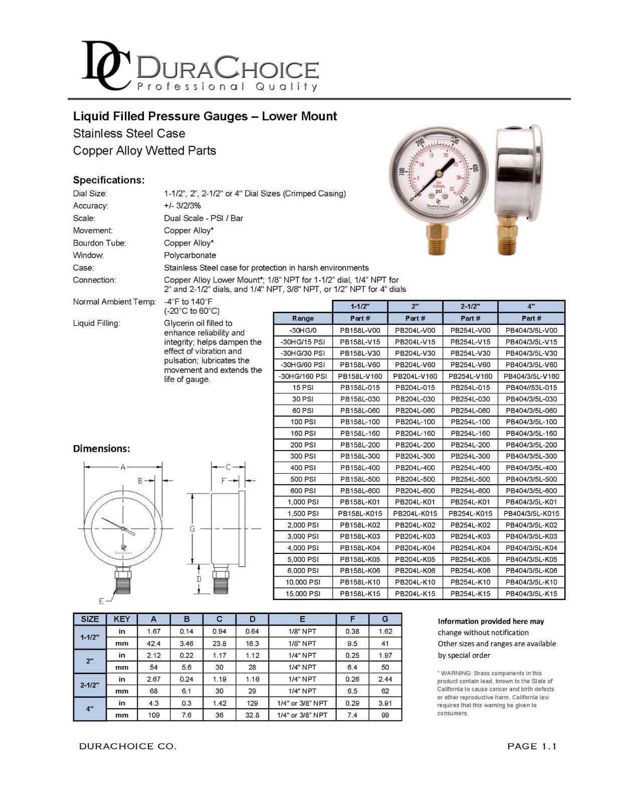 Stainless Steel Case 0-15PSI 4" Pressure Gauge Lower Mnt Brass 1/2" NPT 