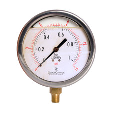 4" Oil Filled Pressure Gauge - Stainless Steel Case, Brass, 1/4" NPT, Lower Mount Connection