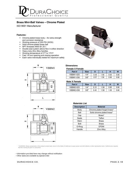 Mini Brass Ball Valve - Chrome Plated FxF