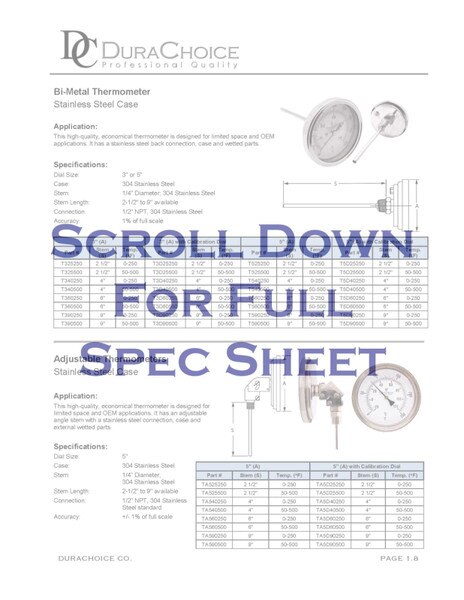 Industrial Bimetal Thermometer 3" Face - Stainless Steel Case