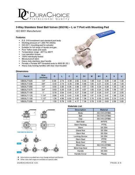 Stainless Steel (316) 3-Way Ball Valve - L Port With Mounting Pad - 1,000 PSI (WOG)