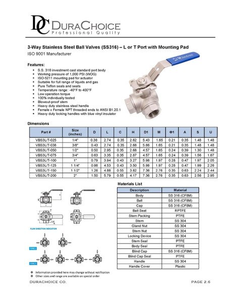 Stainless Steel (316) 3-Way Ball Valve - L Port With Mounting Pad, 1000PSI