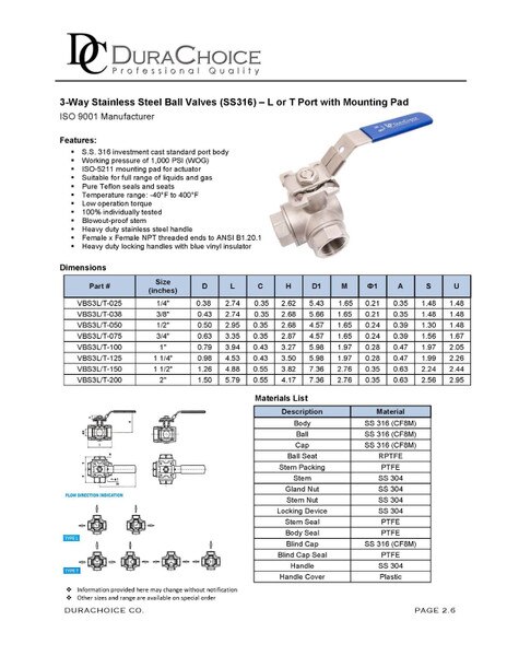 Stainless Steel (316) 3-Way Ball Valve - T Port With Mounting Pad, 1000PSI