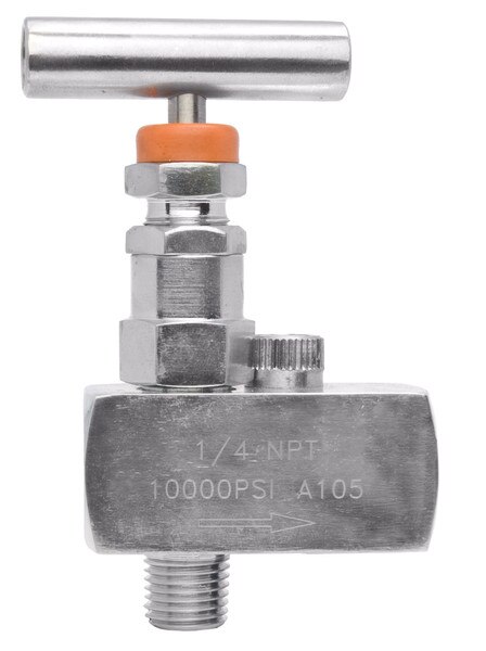 1/4" Angle Carbon Steel Needle Valve - O-ring Seal FxM NPT, 10,000 PSI