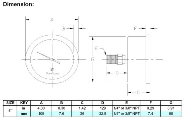 Center Back Mount Oil-Filled Vacuum Gauge 4" Face