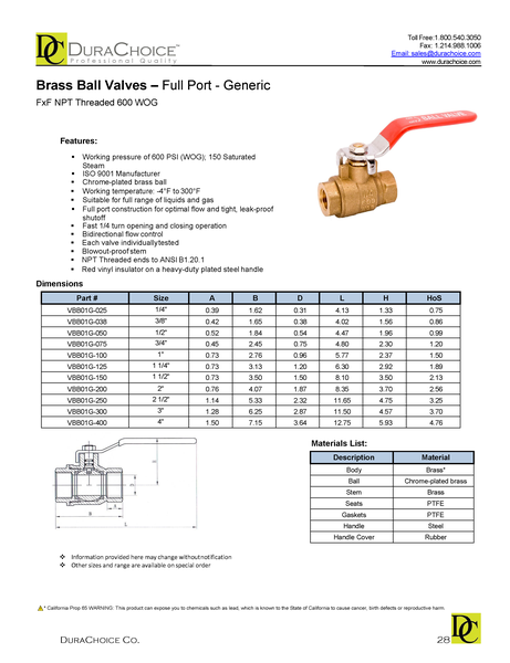 Brass Ball Valve Full Port 600WOG - w/Red Handle