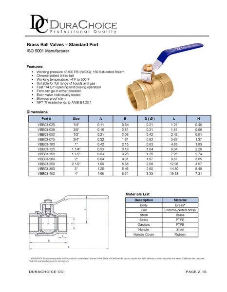 Brass Ball Valve - Standard Port 400 psi (WOG)