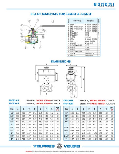 Double Acting Valbia Pneumatic Actuator w/ Lead-Free Brass 3-Way Standard L-Port Ball Valve