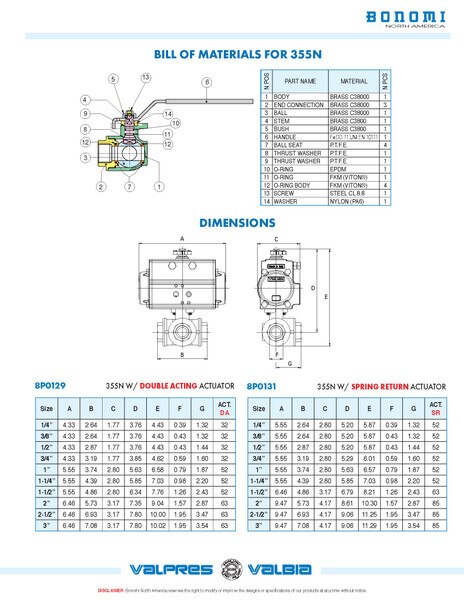 Double Acting Valbia Pneumatic Actuator w/ Brass 3-Way Standard T-Port Ball Valve