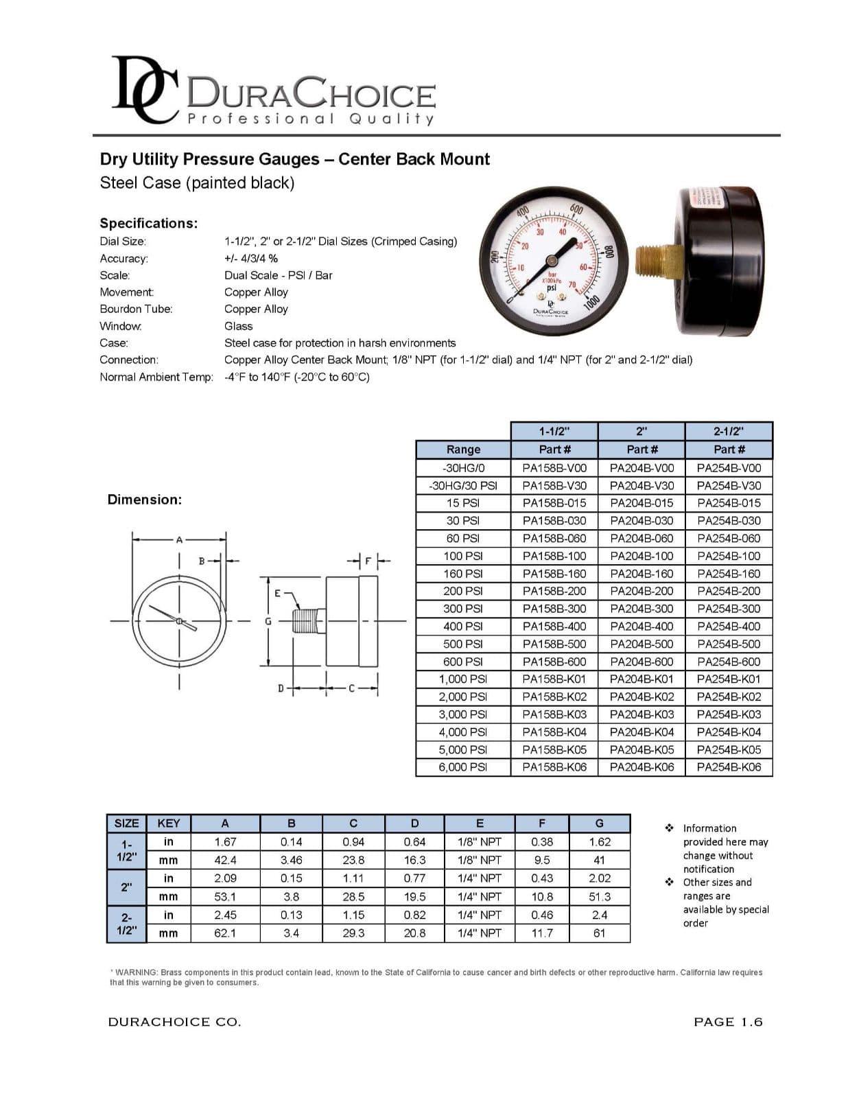 Oil DuraChoice 2" Pool Spa Filter Utility Pressure Gauge for Water 1/4" Gas 