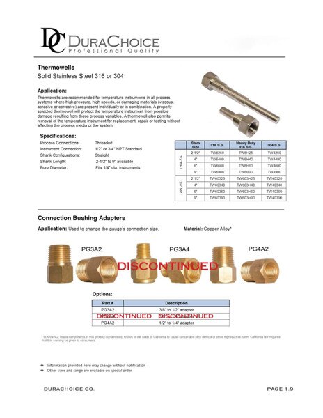Heavy Duty Thermowell - SS 316, 1/2" or 3/4" NPT Connection, 2-1/2" to 9" Stem Length