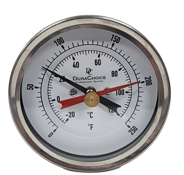 Industrial Bimetal Thermometer with Maximum Temperature Indicator, 3" Face x 9" Stem, 0-250 and Calibration Dial