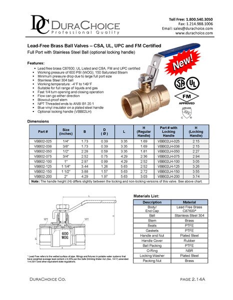 Lead-Free Brass Ball Valve w/ optional locking handle - UL, CSA, FM and UPC Certified