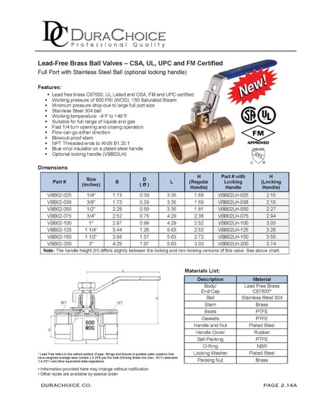 Locking Handle Brass Ball Valve - UL, CSA, FM and UPC certified Lead-Free