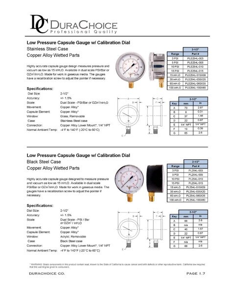 Low Pressure Capsule Gauge (Stainless Steel) - 2 1/2" Face 1/4" NPT
