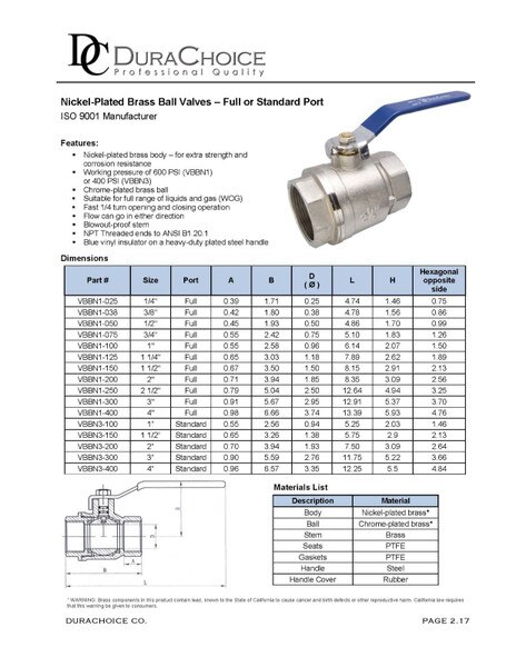 Nickel Plated Ball Valve - Standard Port 400 psi (WOG)