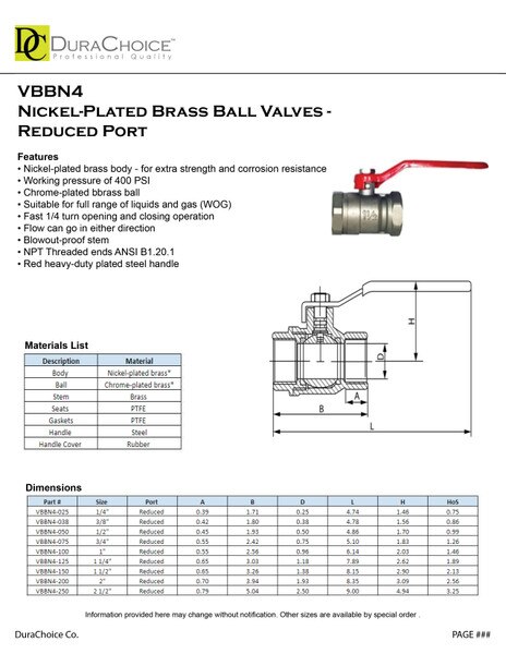 Nickel Plated Brass Ball Valve - Reduced Port 400 PSI WOG