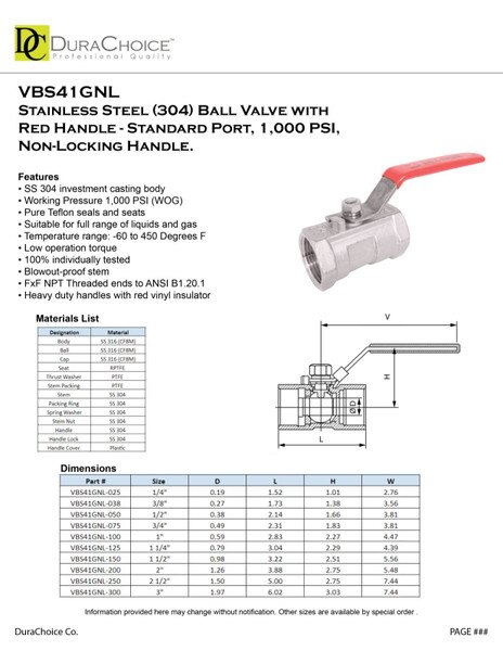 Standard Port Stainless Steel Ball Valve w/ non-locking red handle - OEM, S.S. 304, 1,000 PSI (WOG)