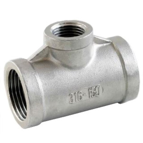 Stainless Steel Reducing Tee Fitting, FxFxF with one smaller 90-degree-angle port. Available in SS 304 and SS 316.