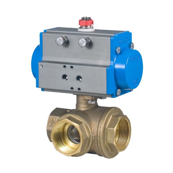 Spring Return Valbia Pneumatic Actuator w/ Lead-Free Brass 3-Way Standard L-Port Ball Valve