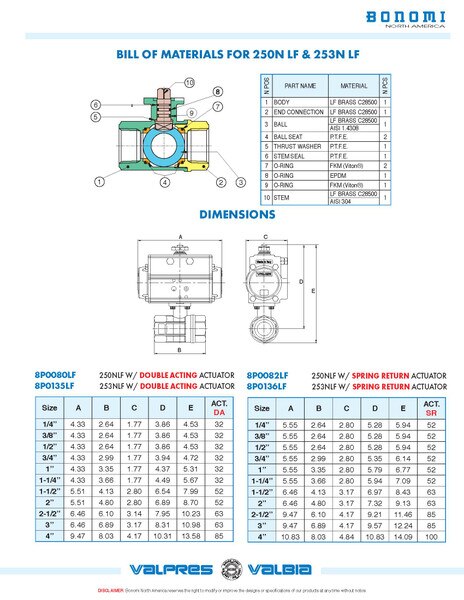 Spring Return Valbia Pneumatic Actuator with Lead-Free Brass Full Port Ball Valve