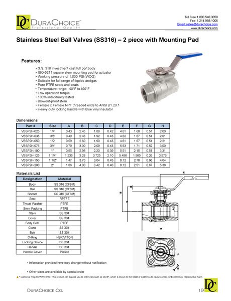 SS316 Ball Valve with high platform and direct mounting pad, 2pc full port, 1000WOG, 1/4" NPT