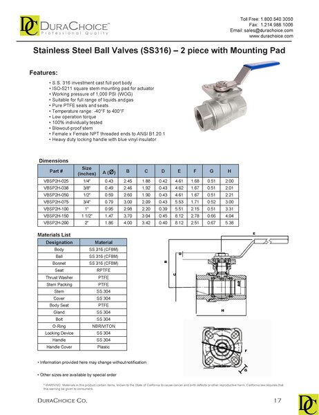 SS316 Ball Valve with High Platform and Direct Mounting Pad, 2 Piece Full Port,. 1,000 WOG, 14 NPT