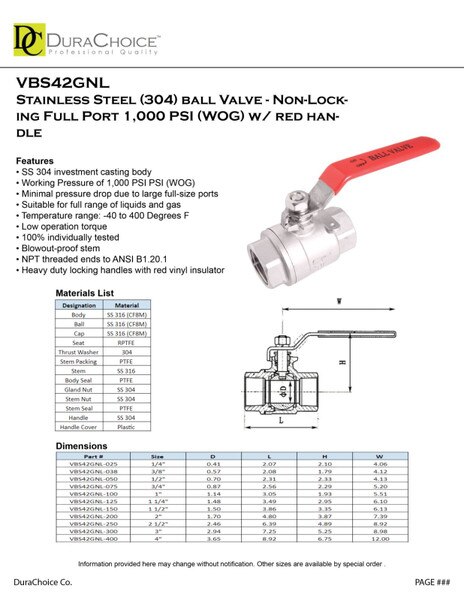 Stainless Steel 304 Ball Valve - Non-Locking Full Port 1,000 psi (WOG) w/ red handle