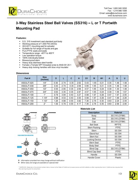 Stainless Steel (316) 3-Way Ball Valve - L Port or T Port with Mounting Pad - 1,000 PSI (WOG)