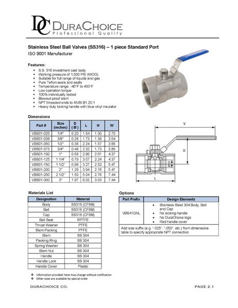Stainless Steel (316) Ball Valve - 1 Piece Standard Port, 1,000 PSI (WOG) w/ Red Handle