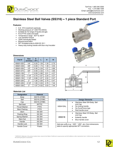 Stainless Steel (316) Ball Valve - 1 Piece Standard Port, 1,000 PSI (WOG)