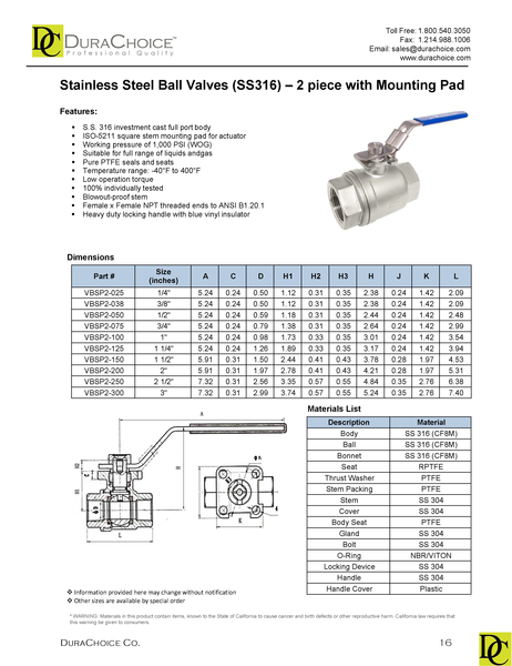 Stainless Steel (316) Ball Valve - 2 Piece w/ Mounting Pad, 1,000 PSI