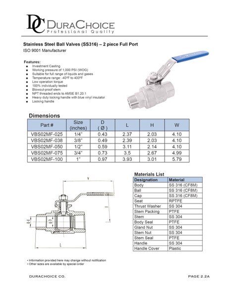 Stainless Steel (316) Ball Valve - 2 Piece Full Port, 1,000 WOG, Male x Female