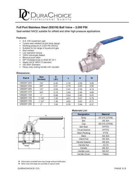 2000 PSI Stainless Steel (316) Ball Valve, Full Port, Seal Welded for High Pressure, NACE