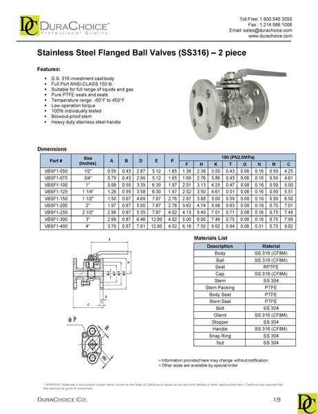 Stainless Steel (316) Flange Ball Valve - 2 Piece, ANSI-Class 150 lb.