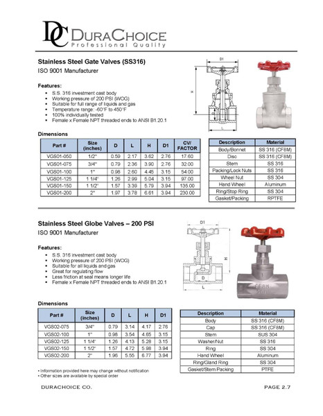 Stainless Steel 316 Gate Valve - 200 PSI (WOG)