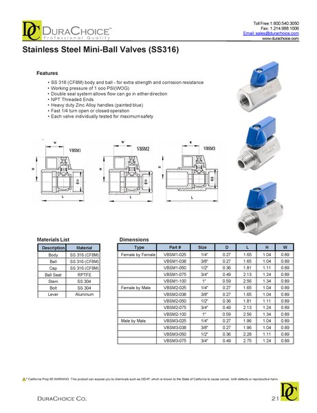 Stainless Steel (316) Mini Ball Valve, 1,000 PSI (WOG)